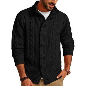 Mens Cardigan Sweater Stand Collar Cable Knit Button Down Black Winter